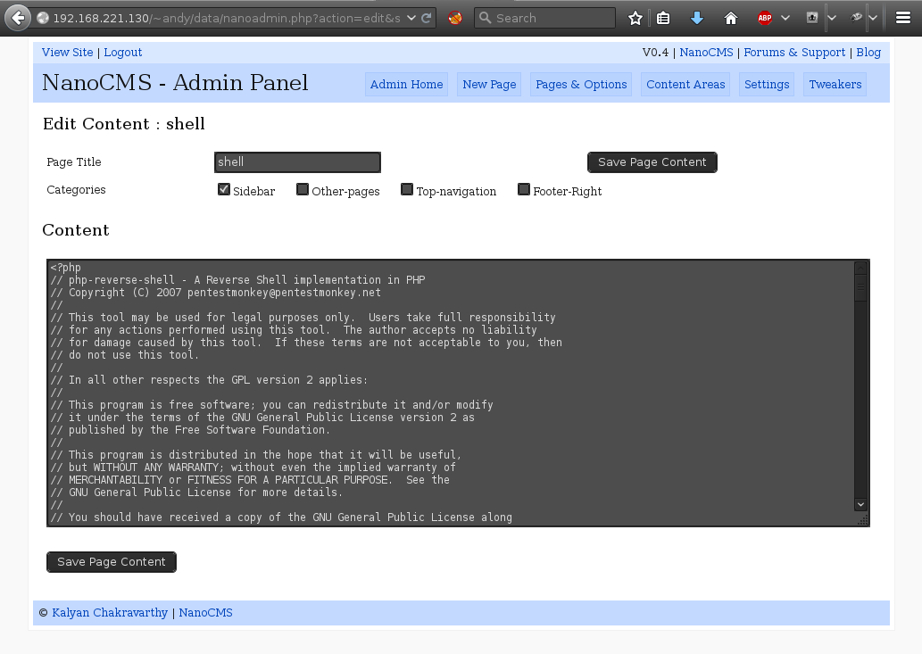 NanoCMS PHP Reverse Shell